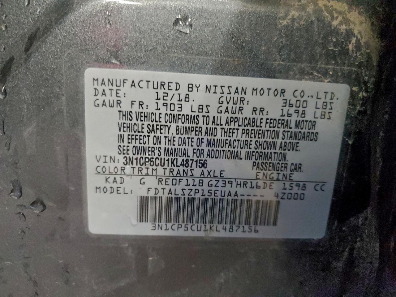 2019 Nissan Kicks S VIN: 3N1CP5CU1KL487156 Lot: 94238875