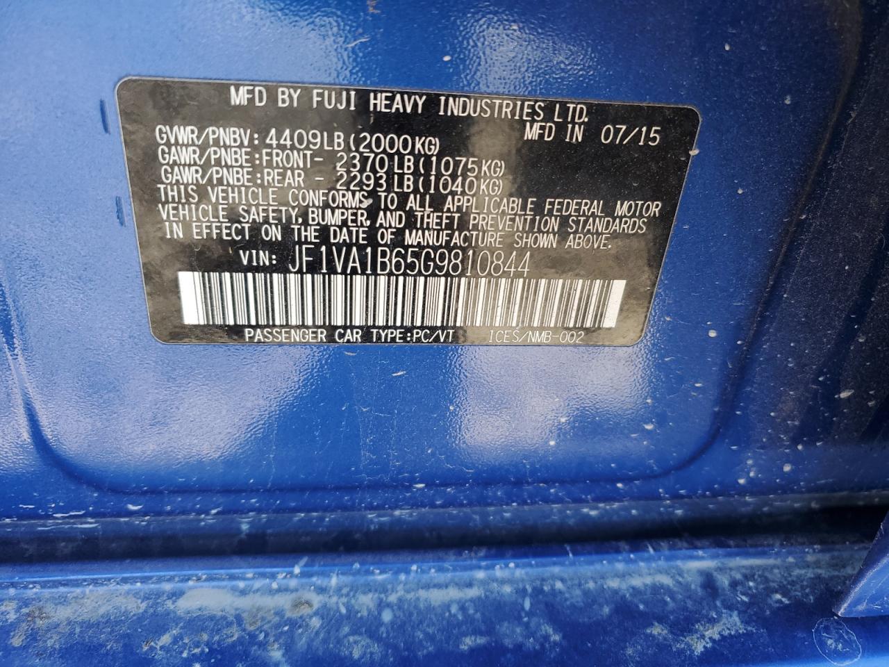 2016 Subaru Wrx VIN: JF1VA1B65G9810844 Lot: 84551695