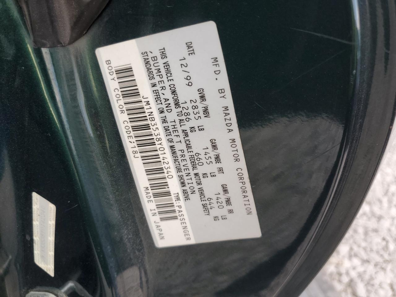 2000 Mazda Mx-5 Miata Base VIN: JM1NB3538Y0142340 Lot: 92990775