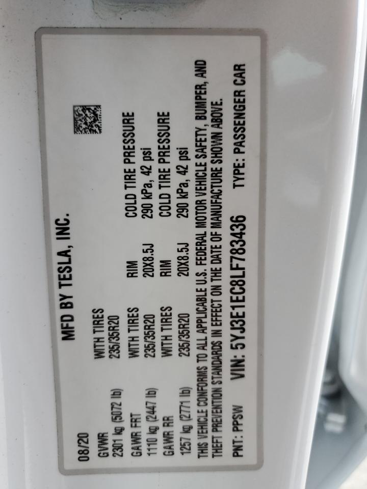 2020 Tesla Model 3 VIN: 5YJ3E1EC8LF783436 Lot: 93491495