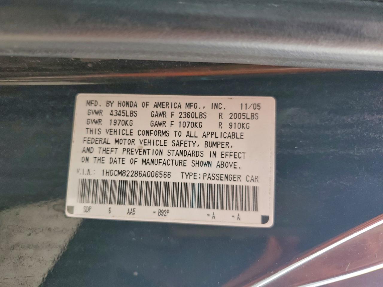 2006 Honda Accord Lx VIN: 1HGCM82286A006566 Lot: 94235405