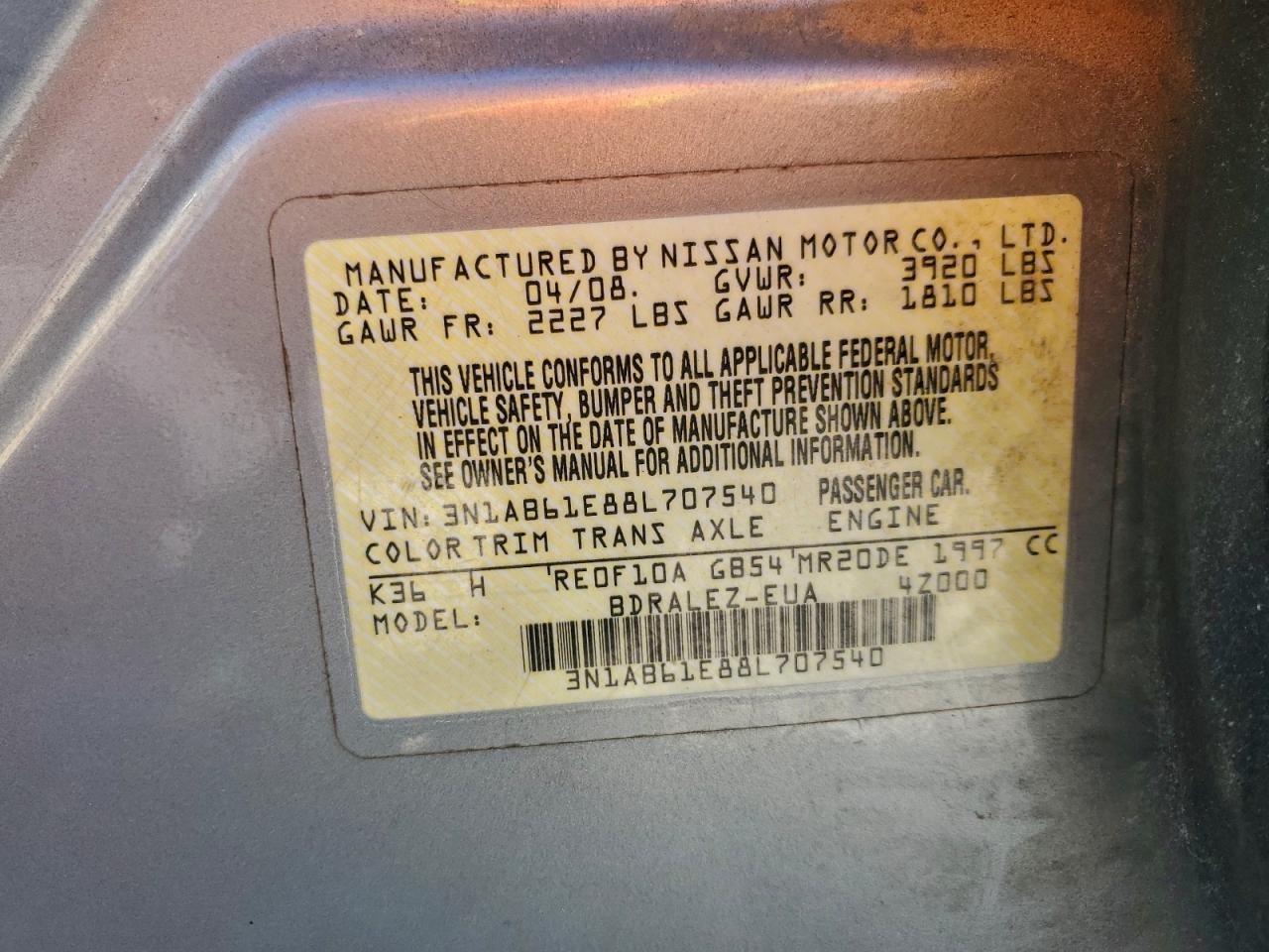 2008 Nissan Sentra 2.0 VIN: 3N1AB61E88L707540 Lot: 93920195