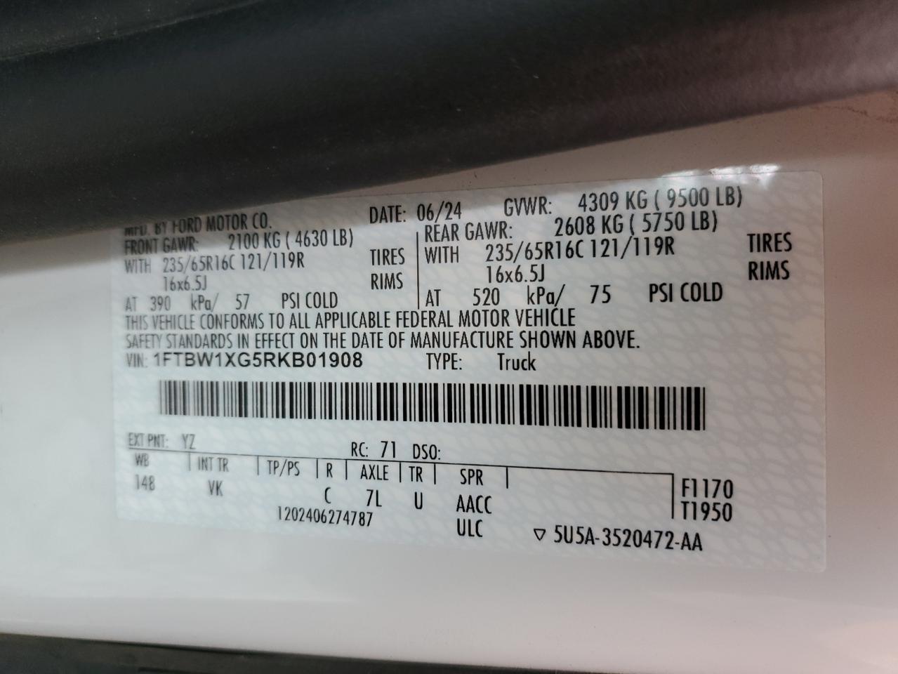 2024 Ford Transit Delivery Van VIN: 1FTBW1XG5RKB01908 Lot: 92881715