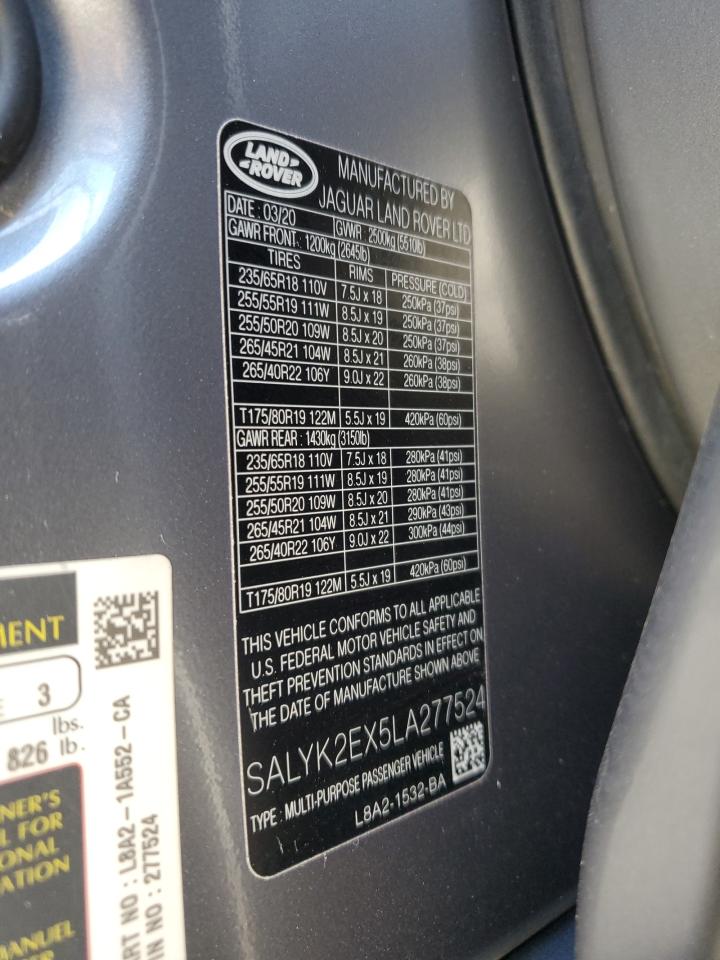 2020 Land Rover Range Rover Velar R-Dynamic S VIN: SALYK2EX5LA277524 Lot: 92746795