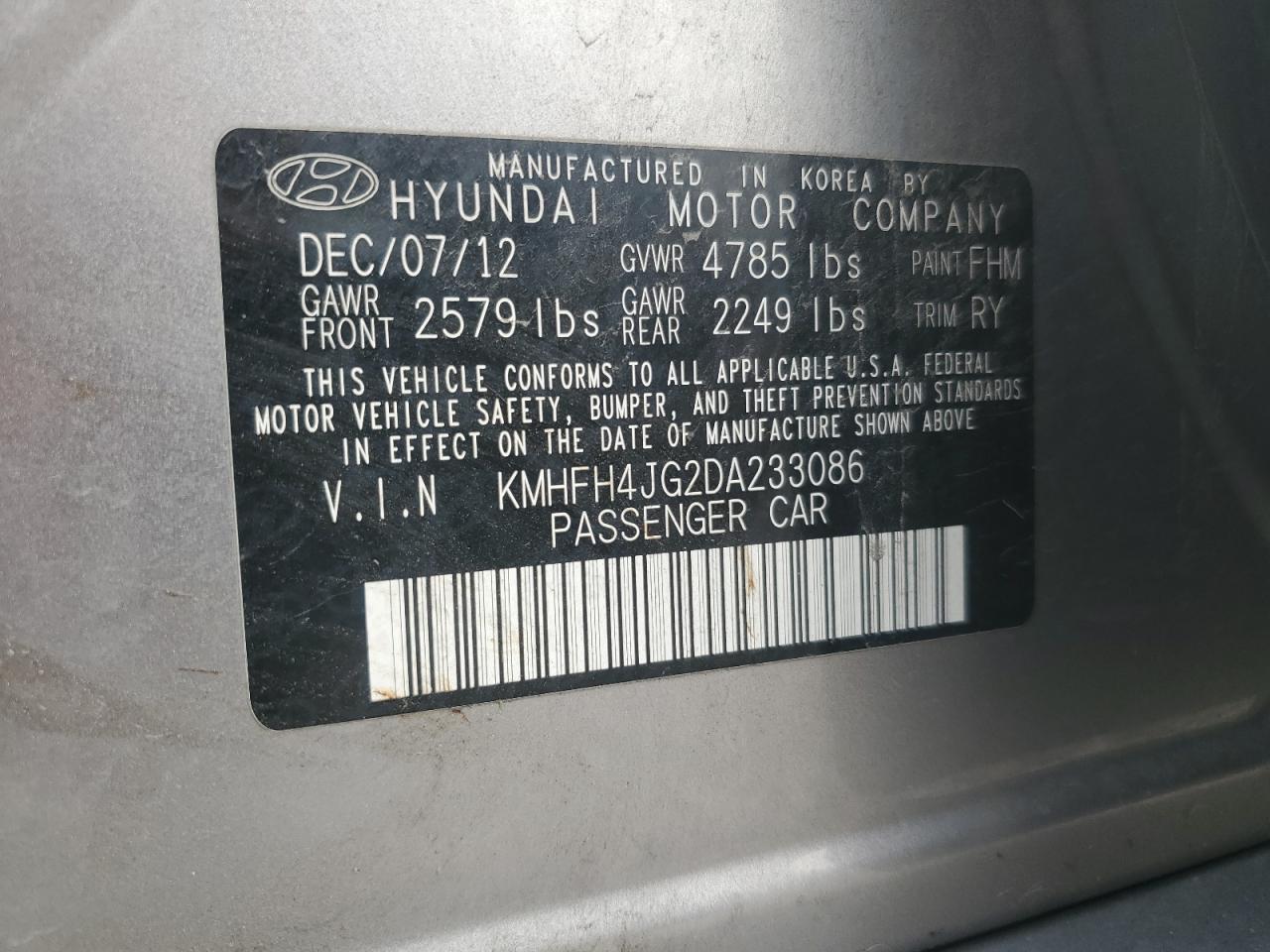 2013 Hyundai Azera Gls VIN: KMHFH4JG2DA233086 Lot: 92703825