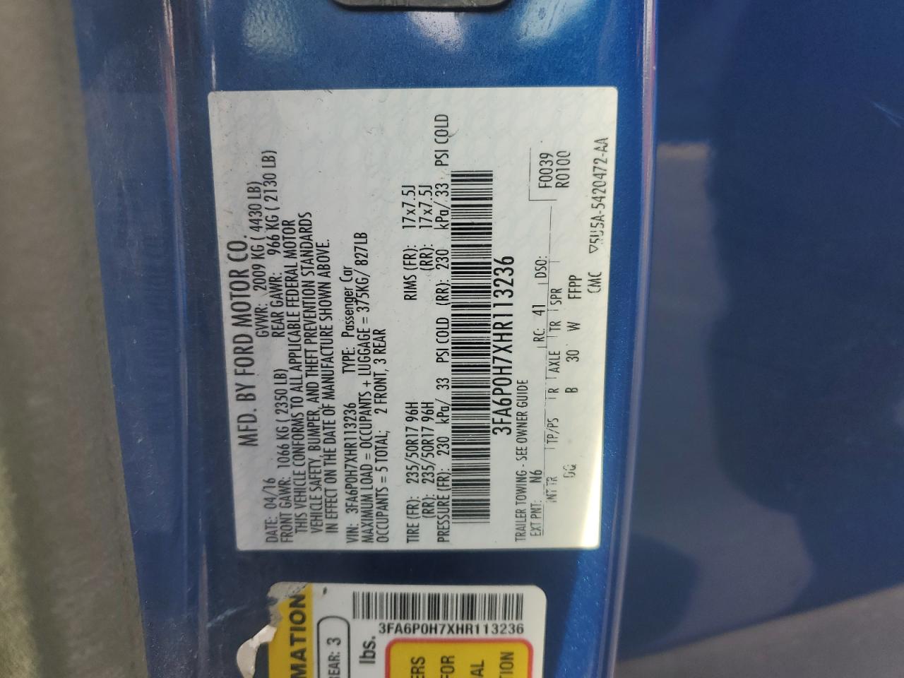 2017 Ford Fusion Se VIN: 3FA6P0H7XHR113236 Lot: 92167045