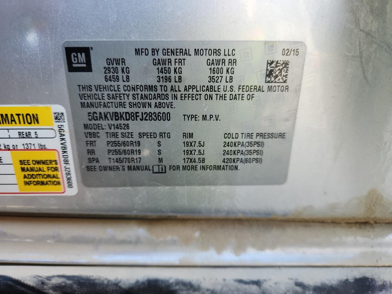 2015 Buick Enclave VIN: 5GAKVBKD8FJ283600 Lot: 91700345