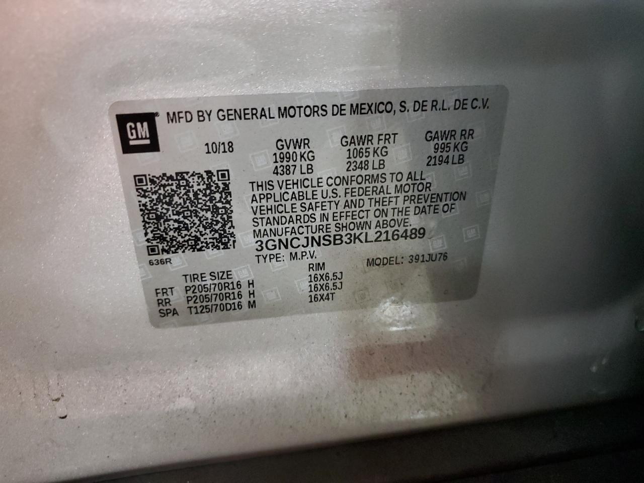 2019 Chevrolet Trax Ls VIN: 3GNCJNSB3KL216489 Lot: 92938025