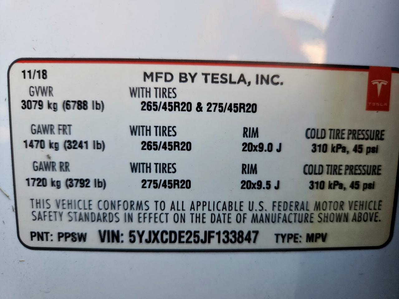 2018 Tesla Model X VIN: 5YJXCDE25JF133847 Lot: 91879515