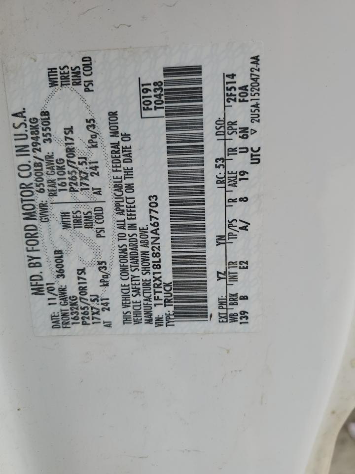 2002 Ford F150 VIN: 1FTRX18L82NA67703 Lot: 93513105