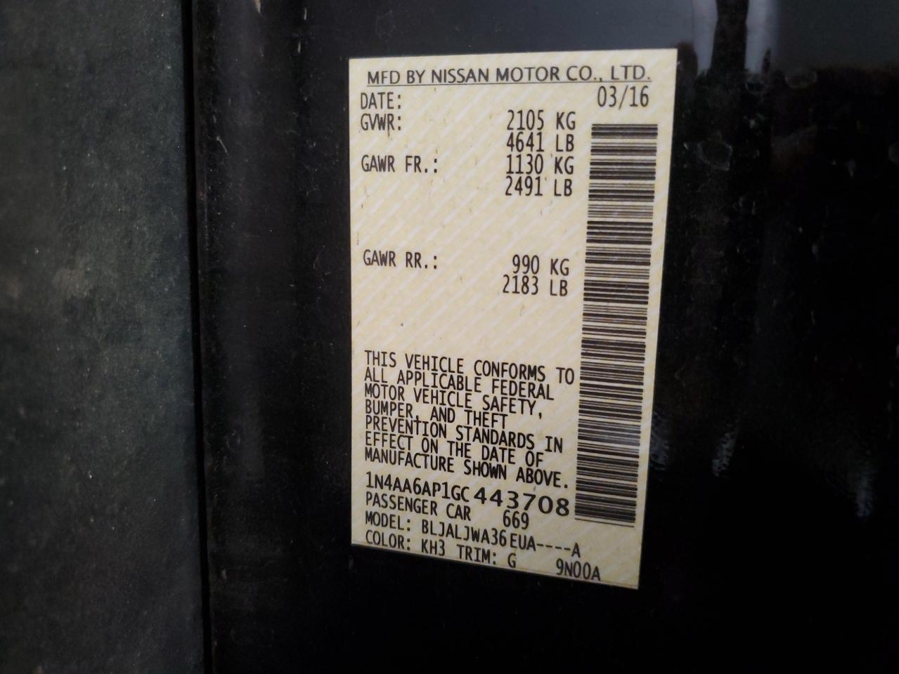 2016 Nissan Maxima 3.5S VIN: 1N4AA6AP1GC443708 Lot: 91830925