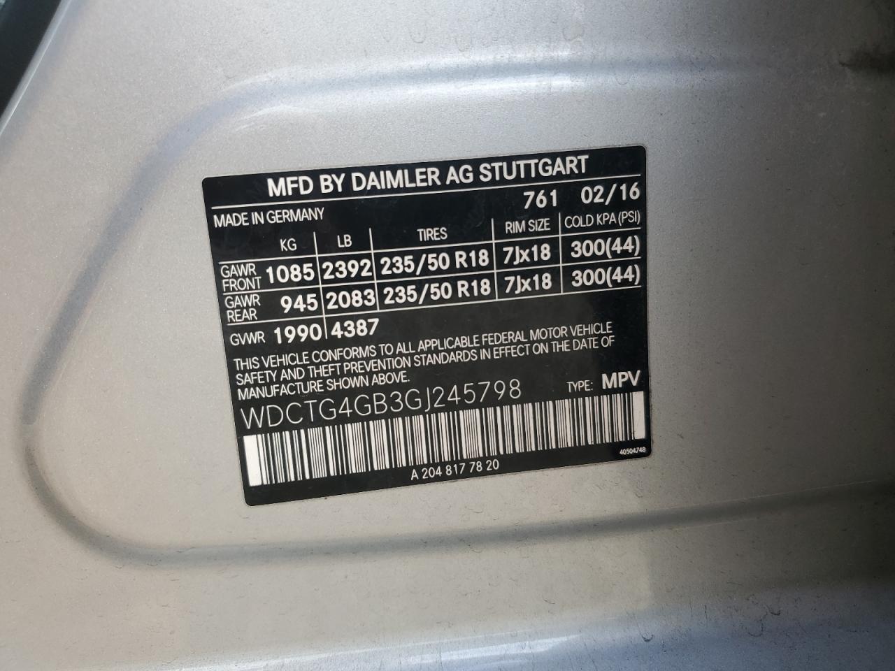 2016 Mercedes-Benz Gla 250 4Matic VIN: WDCTG4GB3GJ245798 Lot: 93247885