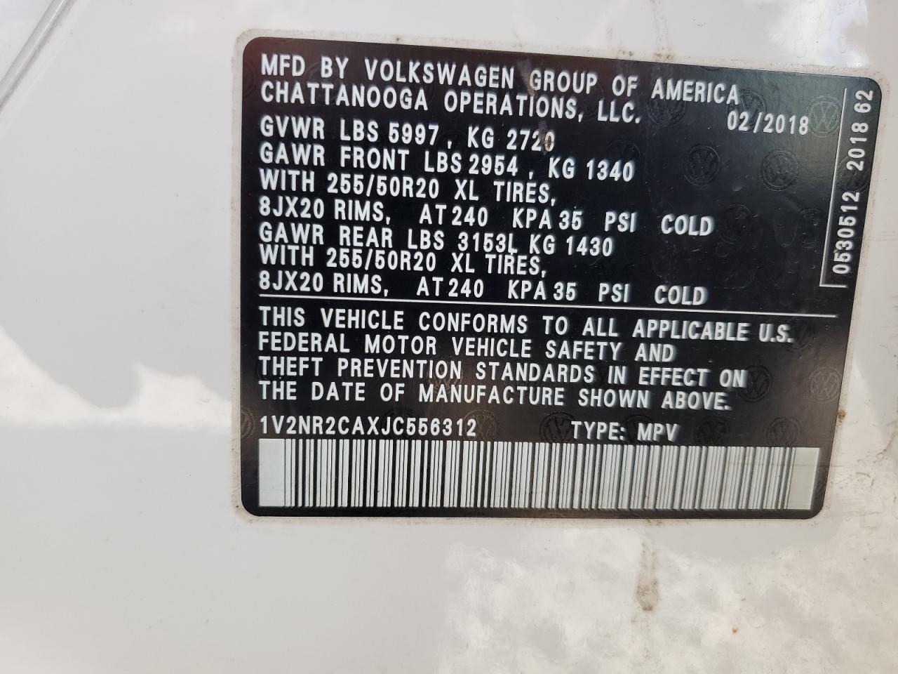 2018 Volkswagen Atlas Sel Premium VIN: 1V2NR2CAXJC556312 Lot: 92509795