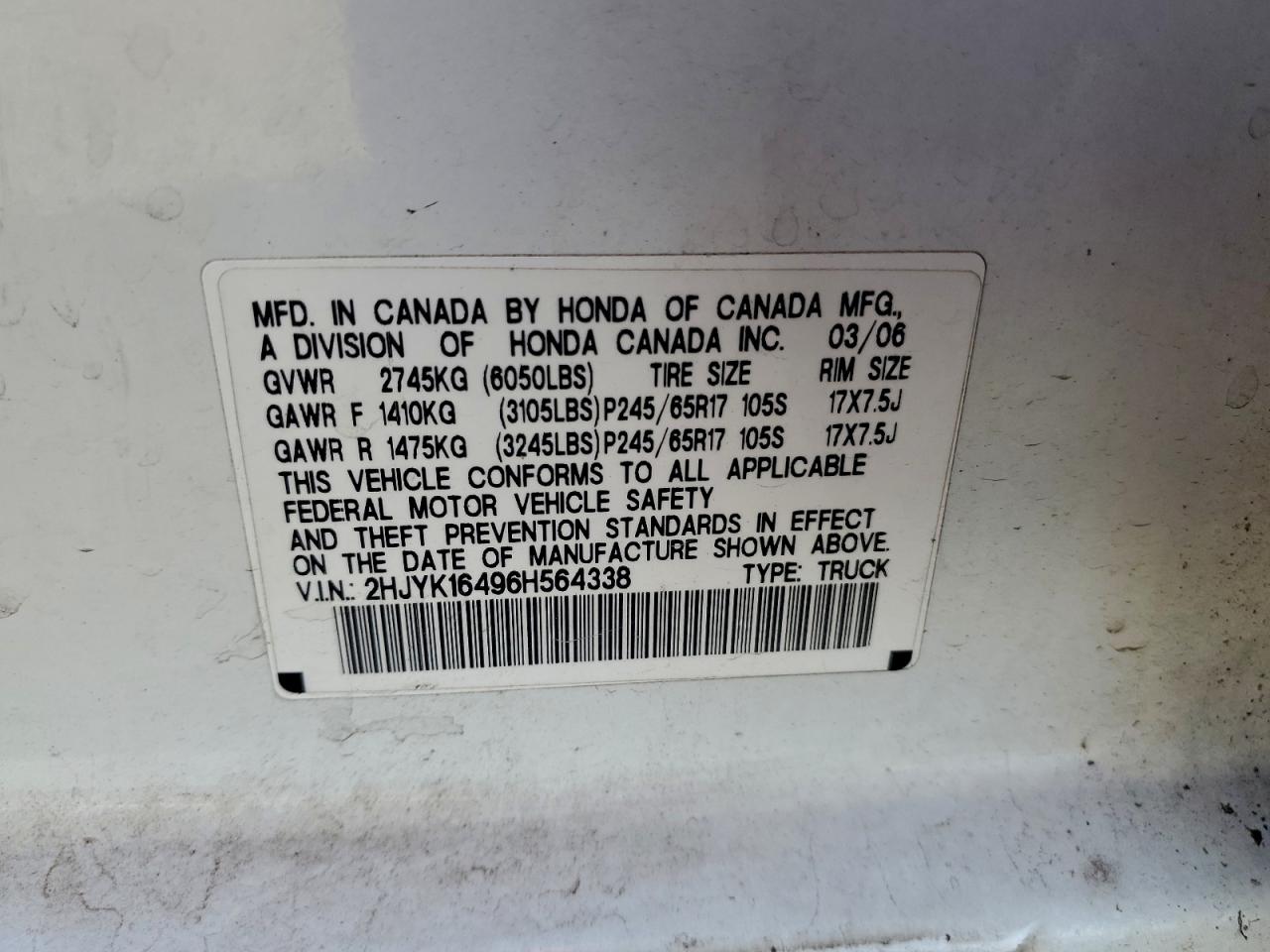 2006 Honda Ridgeline Rts VIN: 2HJYK16496H564338 Lot: 93658635
