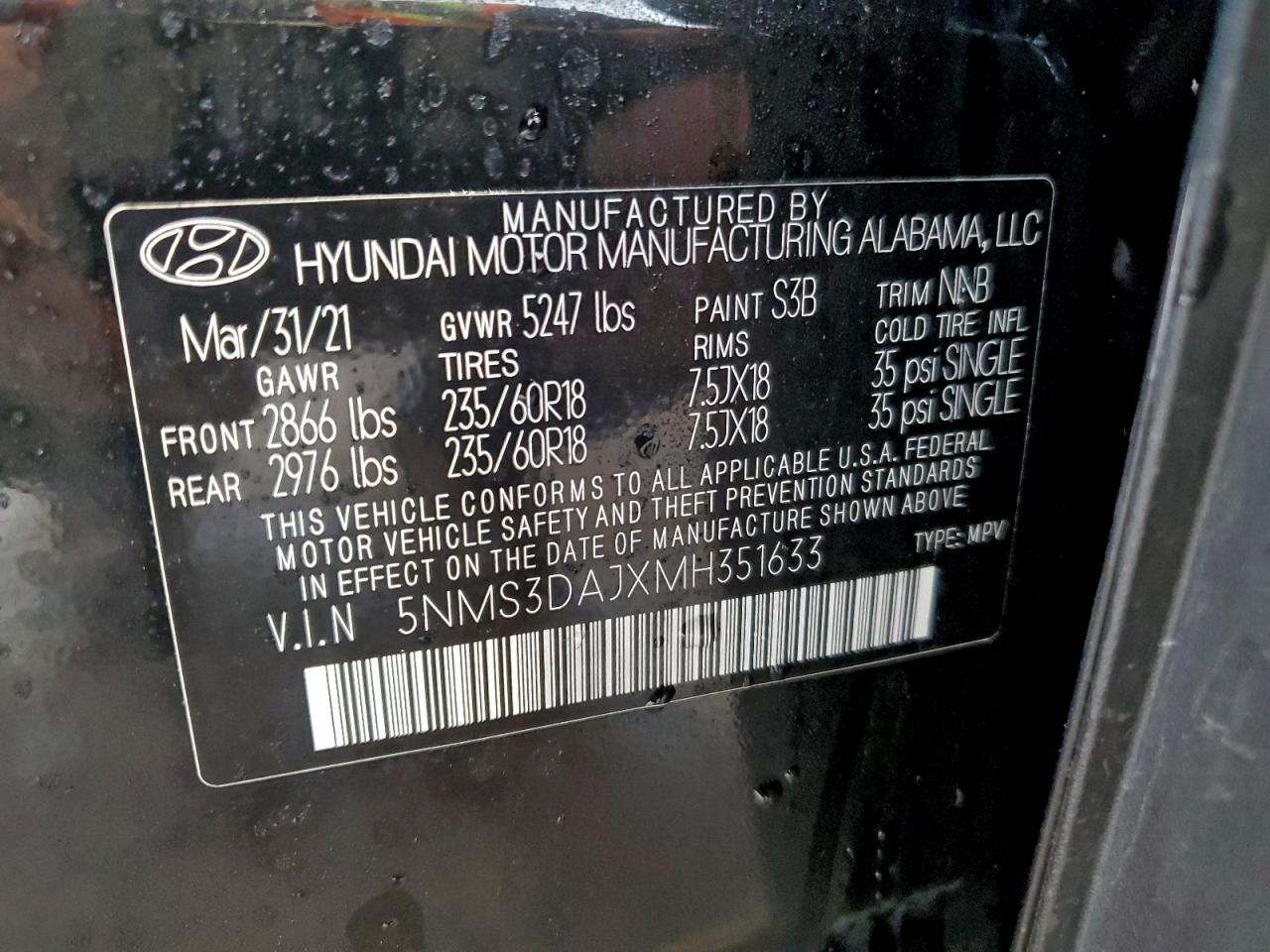 2021 Hyundai Santa Fe Sel VIN: 5NMS3DAJXMH351633 Lot: 94176125