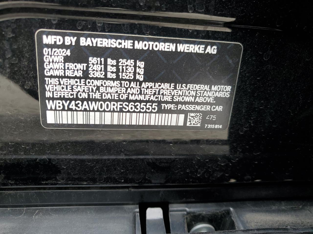 2024 BMW I4 Edrive 35 VIN: WBY43AW00RFS63555 Lot: 92633075