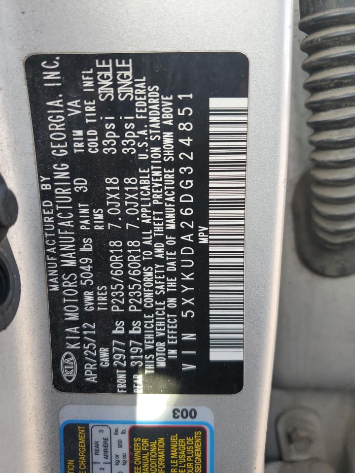 2013 Kia Sorento Ex VIN: 5XYKUDA26DG324851 Lot: 92691435