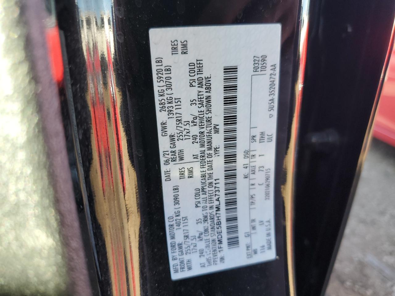 2021 Ford Bronco Base VIN: 1FMDE5BH7MLA73711 Lot: 92174305