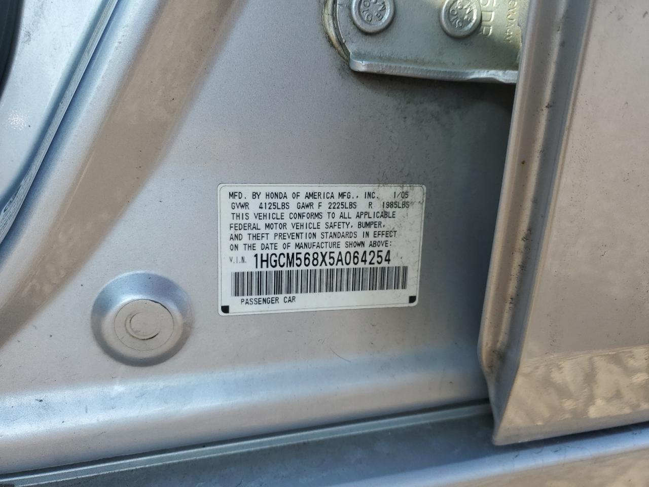 2005 Honda Accord Ex VIN: 1HGCM568X5A064254 Lot: 93726185