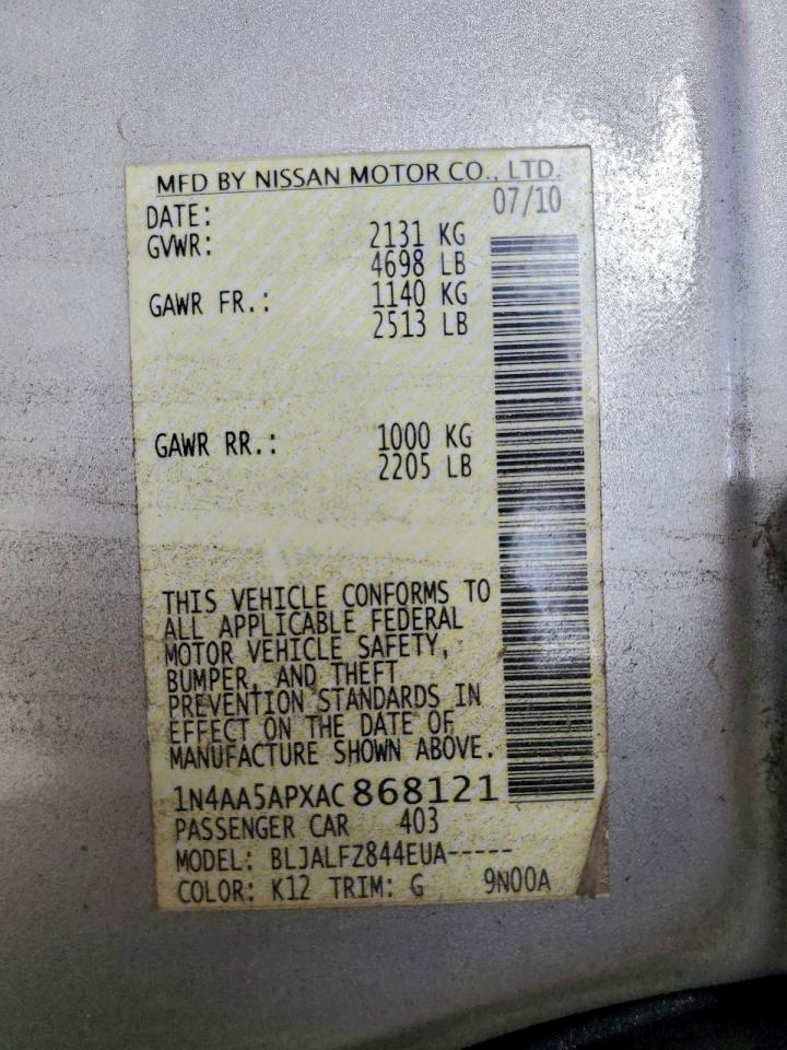 2010 Nissan Maxima S VIN: 1N4AA5APXAC868121 Lot: 93703275