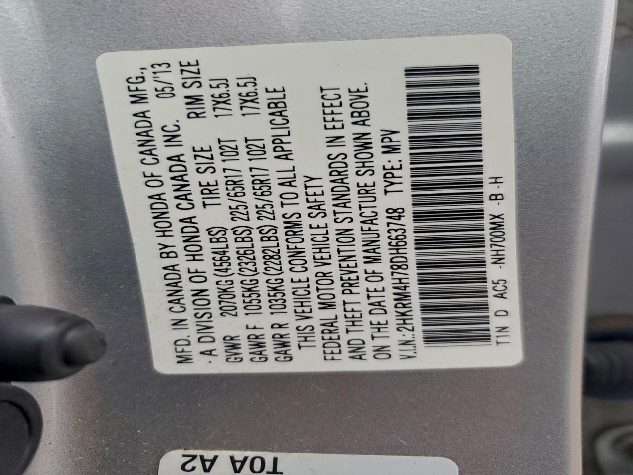 2013 Honda Cr-V Exl VIN: 2HKRM4H78DH663748 Lot: 94199935