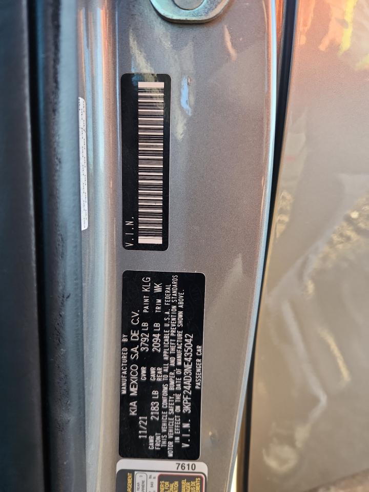 2022 Kia Forte Fe VIN: 3KPF24AD3NE435042 Lot: 91088955