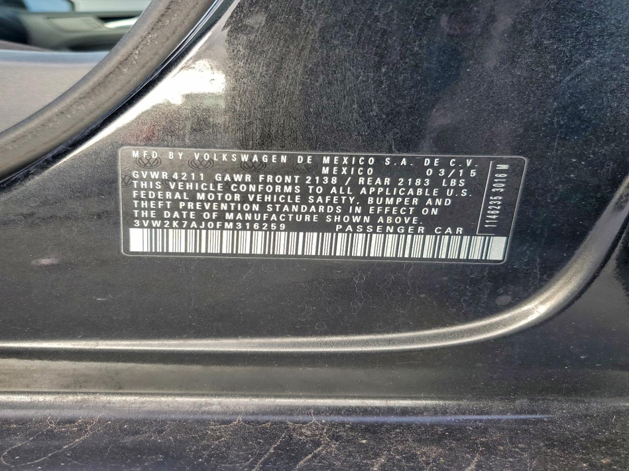 2015 Volkswagen Jetta Base VIN: 3VW2K7AJ0FM316259 Lot: 93976275
