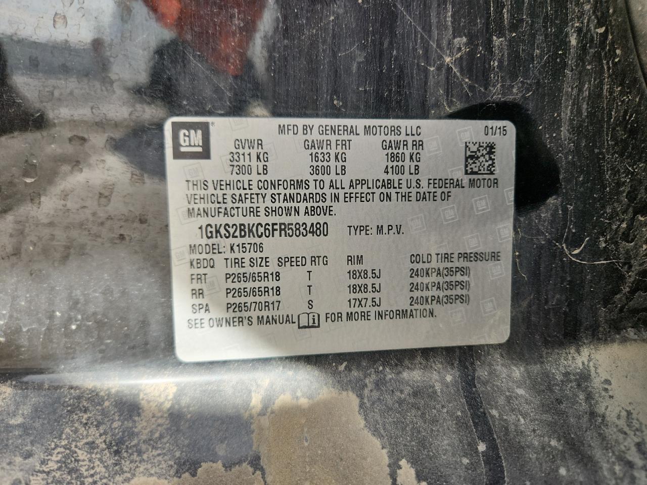 2015 GMC Yukon Slt VIN: 1GKS2BKC6FR583480 Lot: 92604425