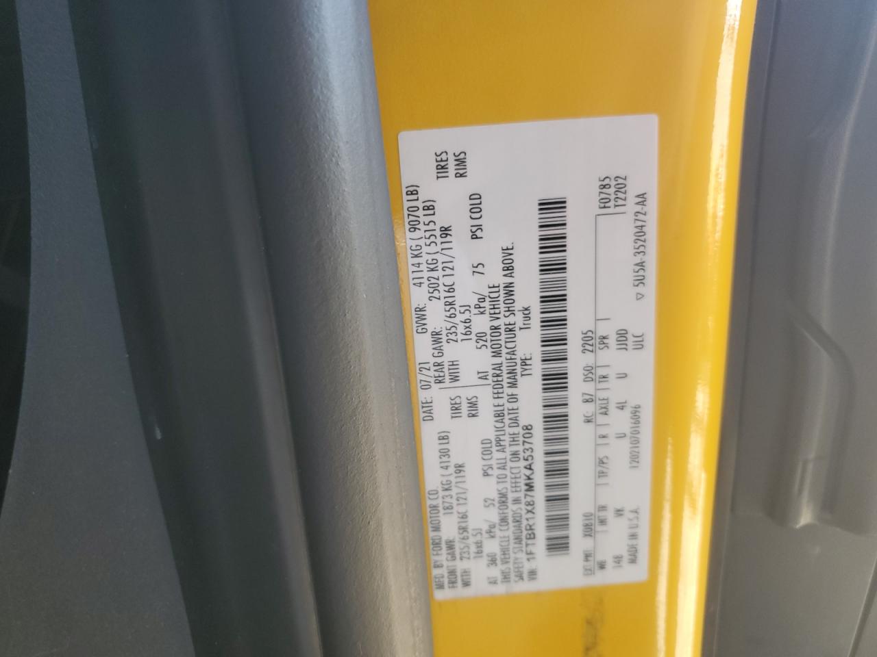 2021 Ford Transit Delivery Van VIN: 1FTBR1X87MKA53708 Lot: 92786885