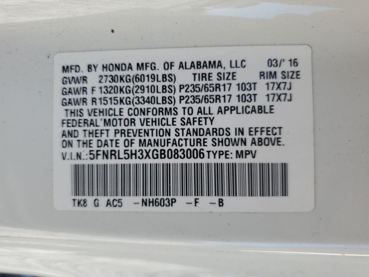 2016 Honda Odyssey Se VIN: 5FNRL5H3XGB083006 Lot: 92399465