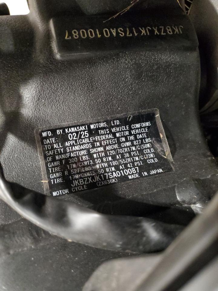 2025 Kawasaki Zx636 K VIN: JKBZXJK17SA010087 Lot: 90380085