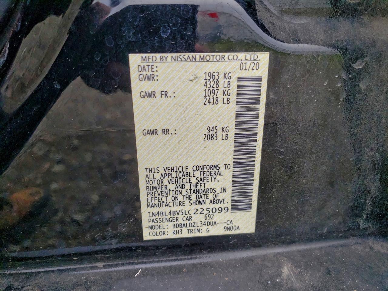 2020 Nissan Altima S VIN: 1N4BL4BV5LC225099 Lot: 94104405