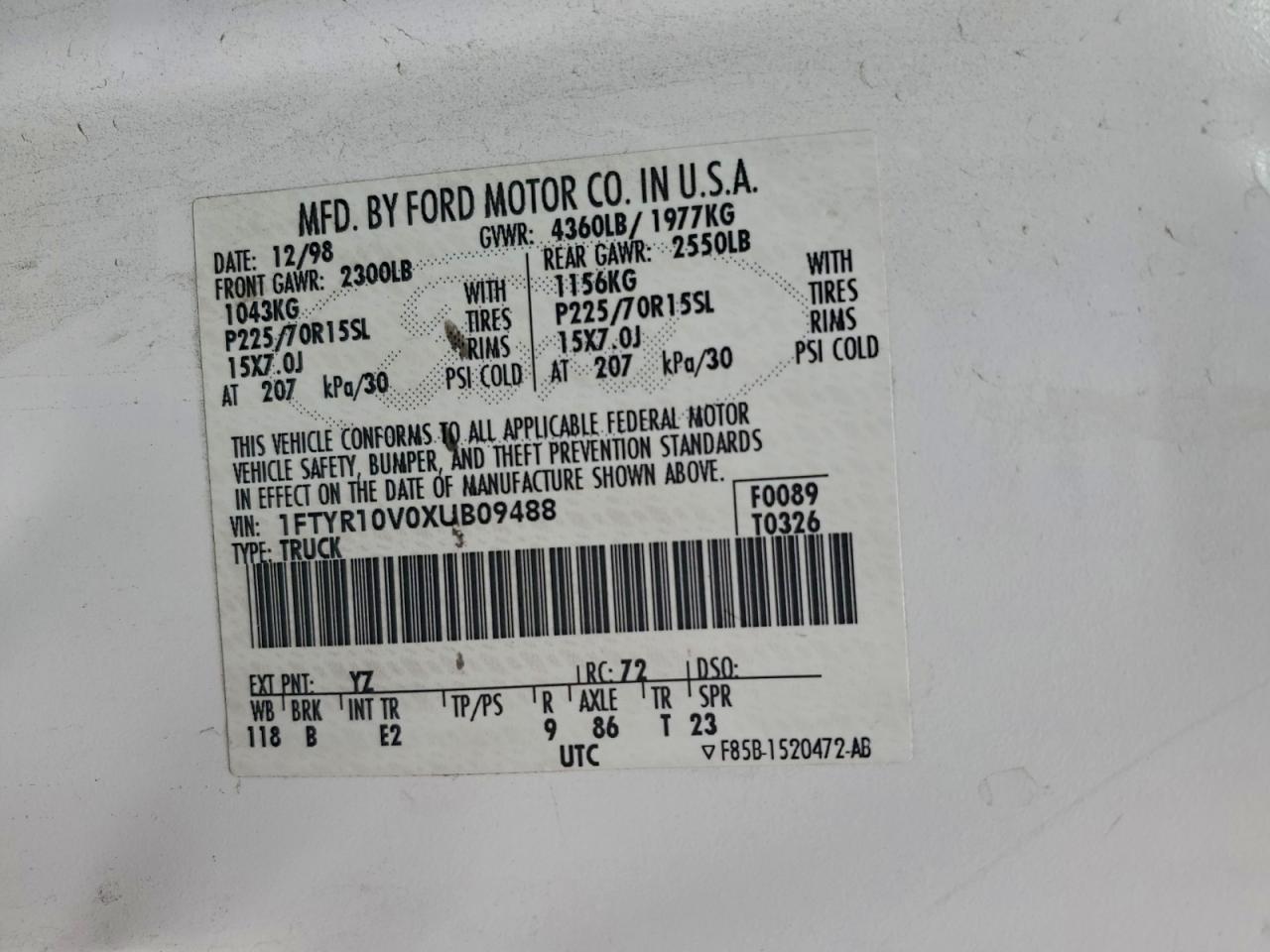 1999 Ford Ranger VIN: 1FTYR10V0XUB09488 Lot: 93849005