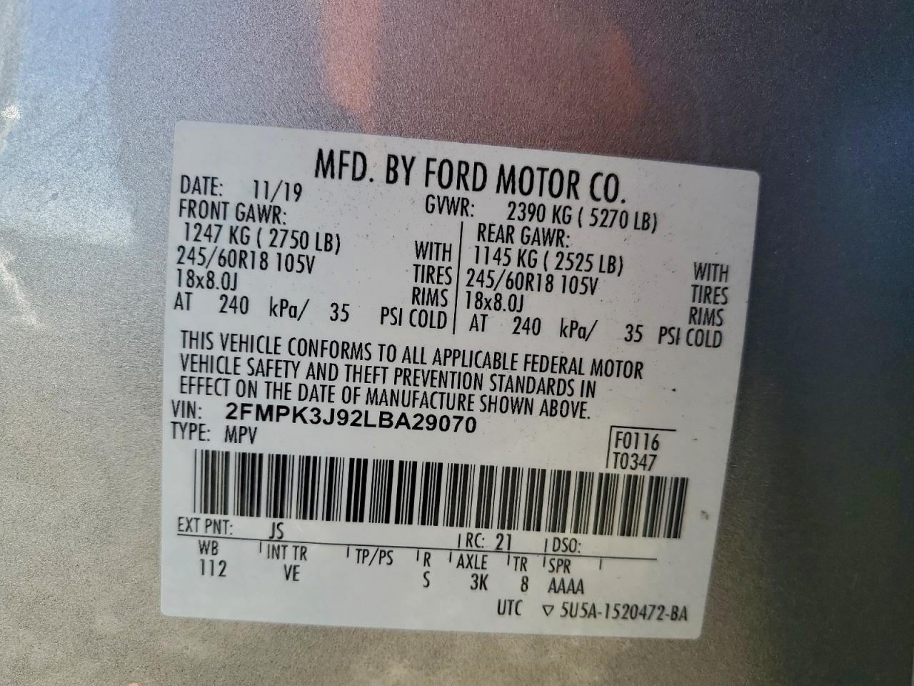 2020 Ford Edge Sel VIN: 2FMPK3J92LBA29070 Lot: 94383975