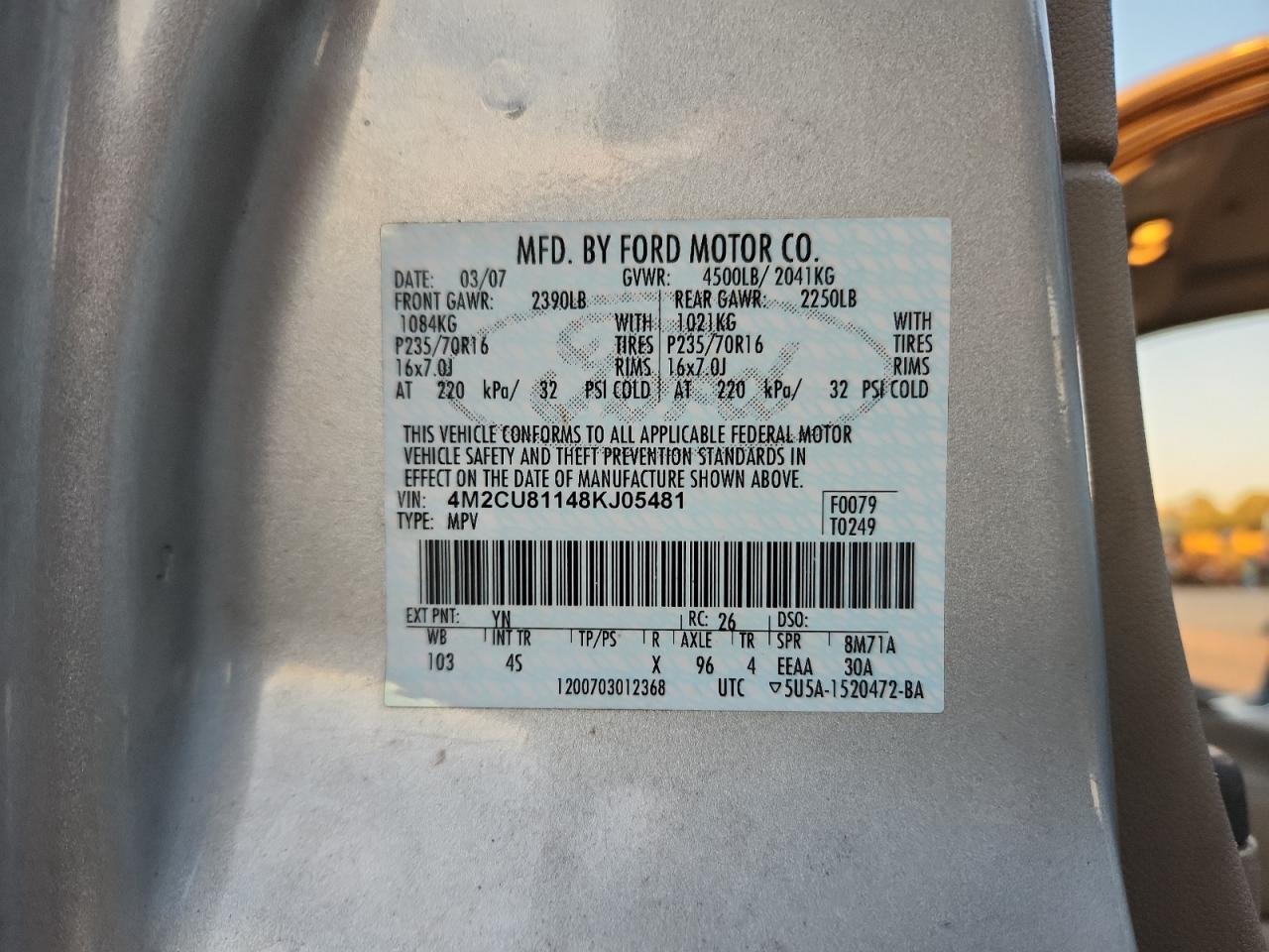 2008 Mercury Mariner VIN: 4M2CU81148KJ05481 Lot: 91113365