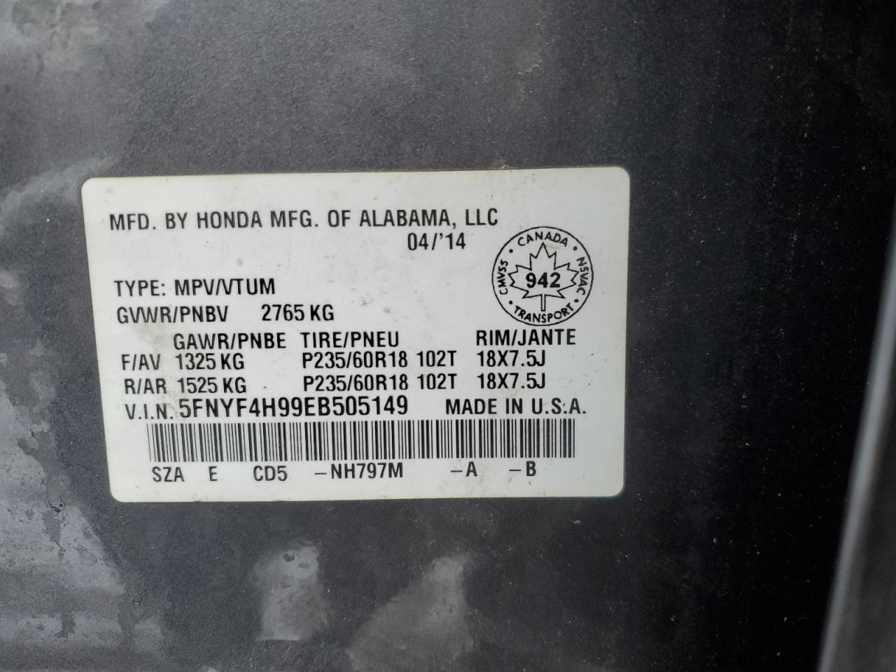 2014 Honda Pilot Touring VIN: 5FNYF4H99EB505149 Lot: 92387925