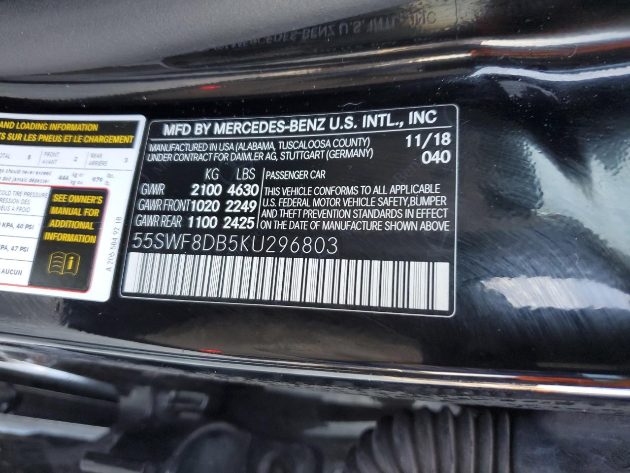 2019 Mercedes-Benz C 300 VIN: 55SWF8DB5KU296803 Lot: 91173425