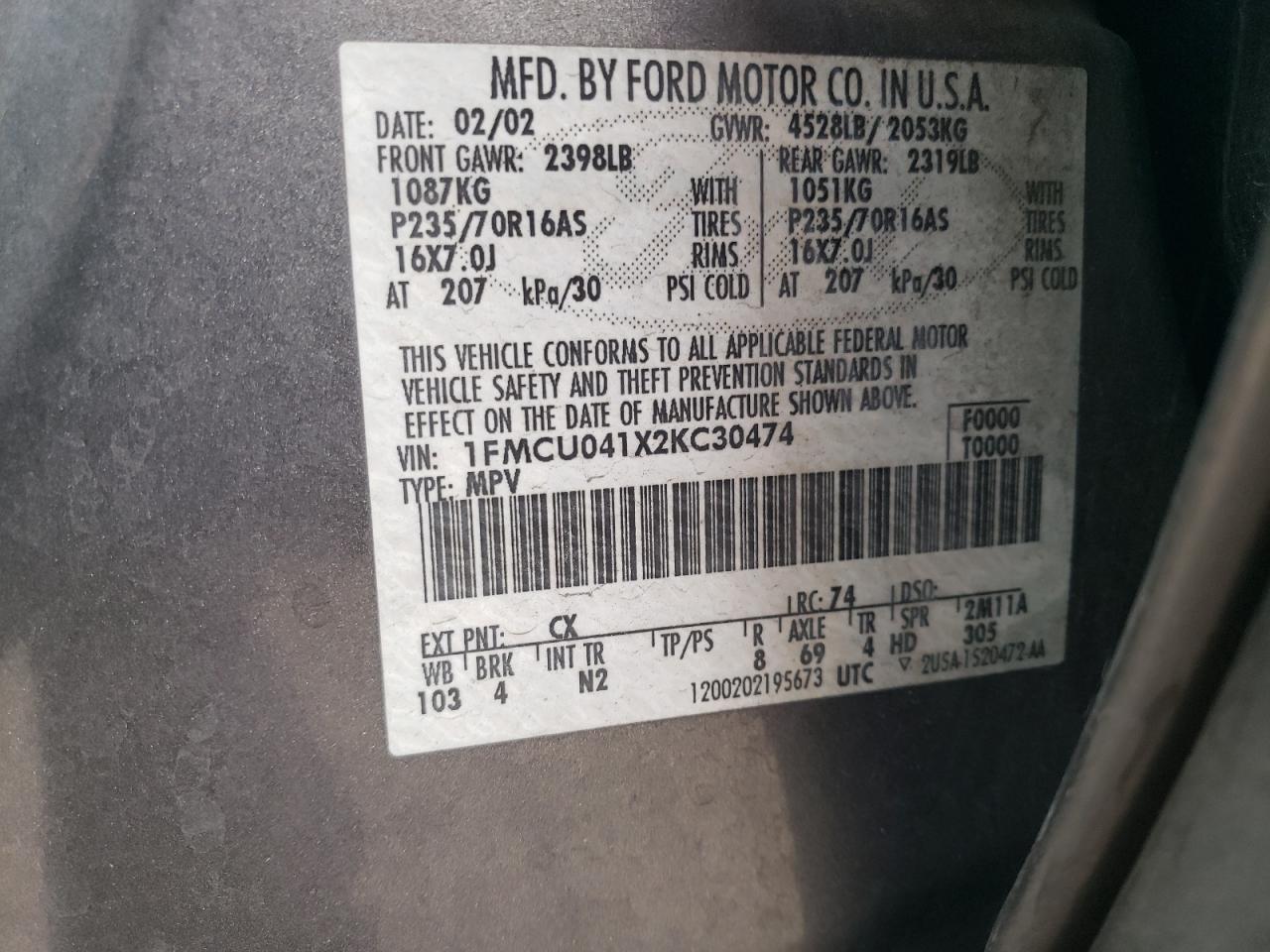 2002 Ford Escape Xlt VIN: 1FMCU041X2KC30474 Lot: 92912445