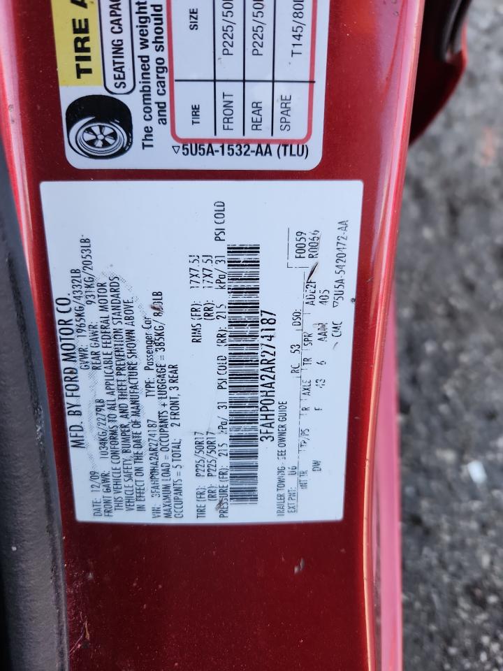 2010 Ford Fusion Se VIN: 3FAHP0HA2AR274187 Lot: 92286965