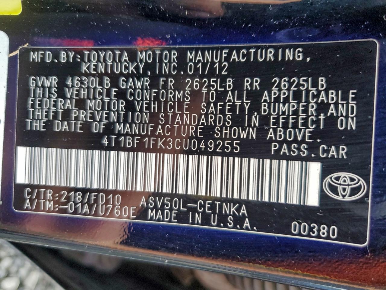 2012 Toyota Camry Base VIN: 4T1BF1FK3CU049255 Lot: 92872695