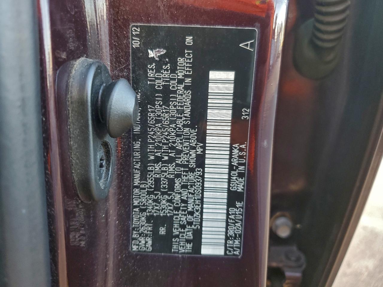 2013 Toyota Highlander Base VIN: 5TDZK3EH1DS093793 Lot: 94723045