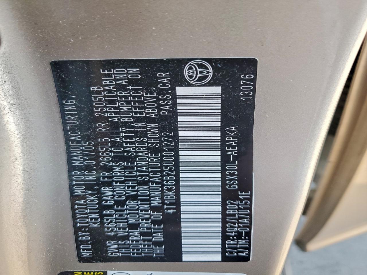 2005 Toyota Avalon Xl VIN: 4T1BK36B25U001272 Lot: 93780875