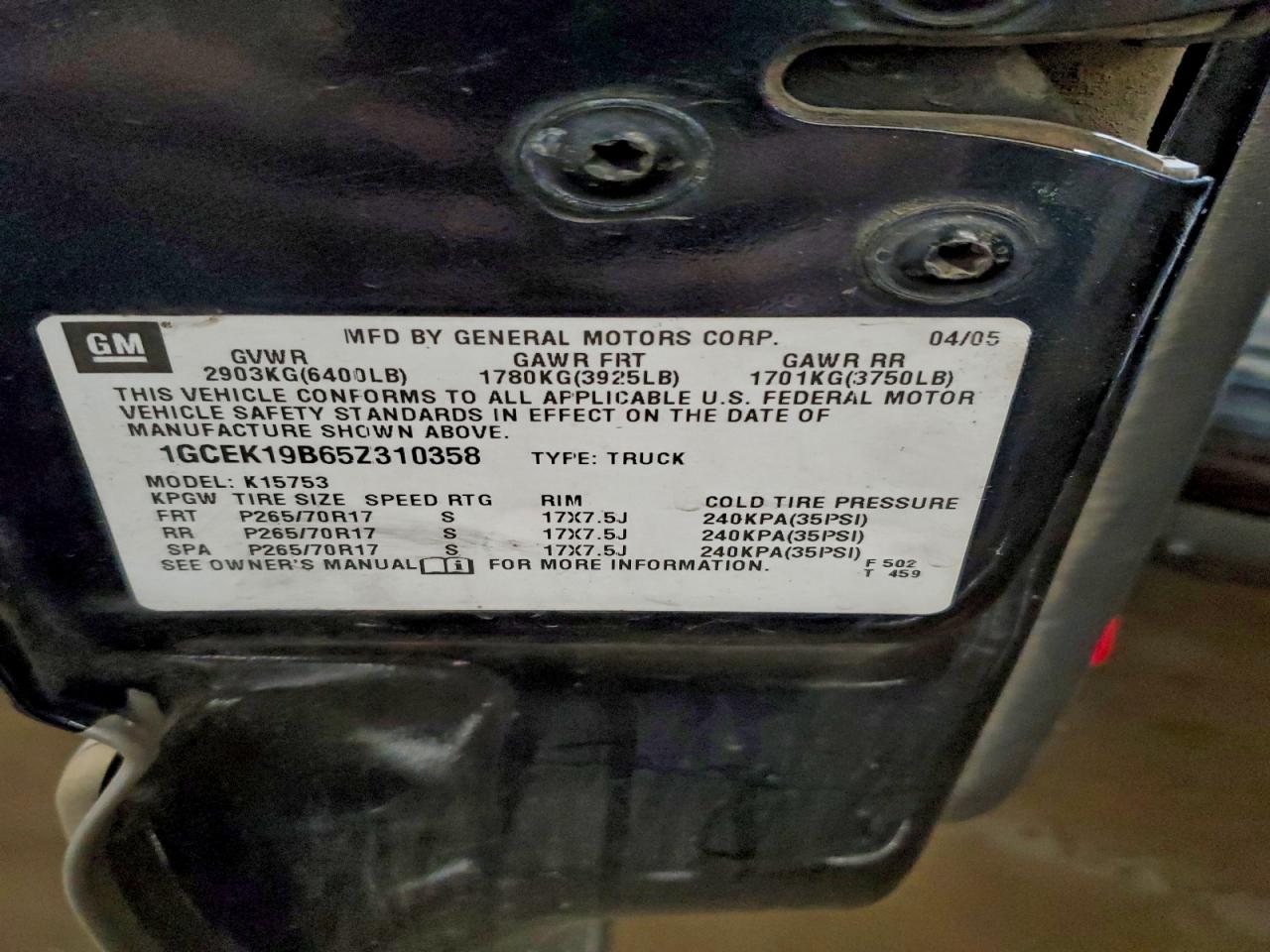 2005 Chevrolet Silverado K1500 VIN: 1GCEK19B65Z310358 Lot: 93119385