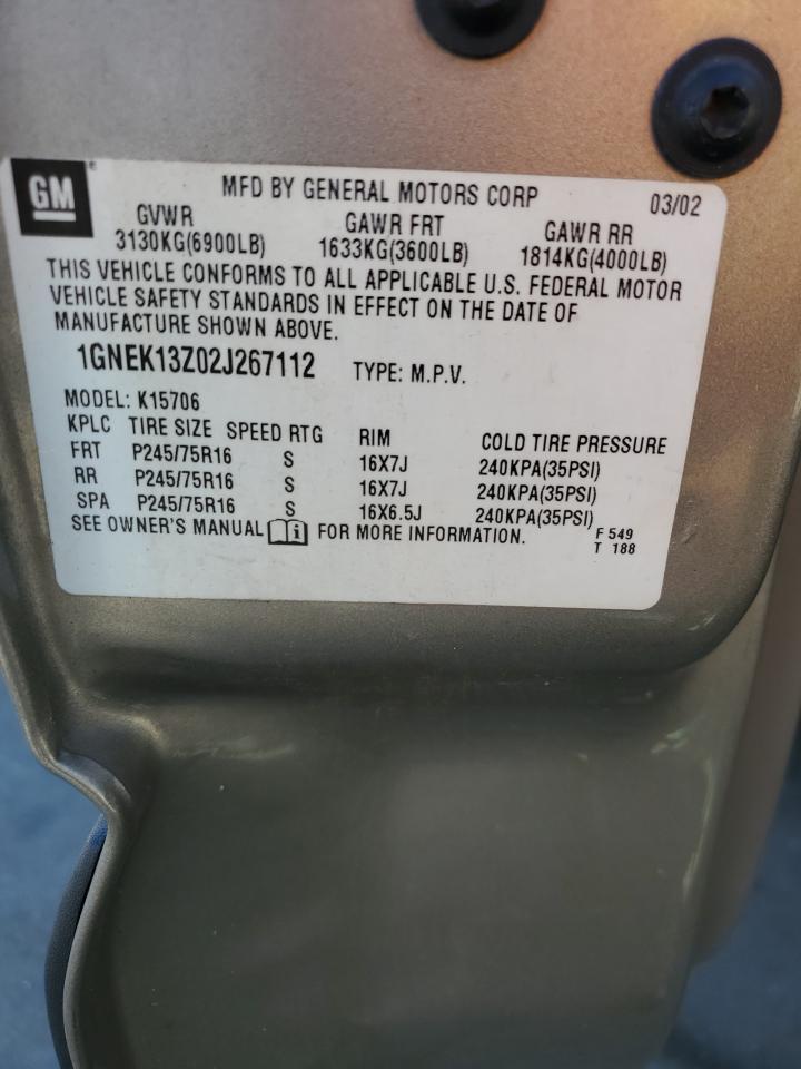 2002 Chevrolet Tahoe K1500 VIN: 1GNEK13Z02J267112 Lot: 91999895