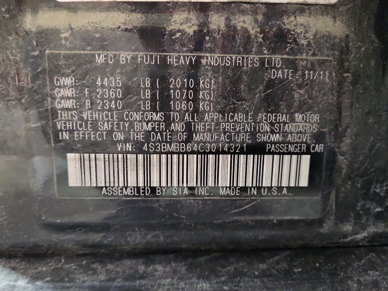 2012 Subaru Legacy 2.5I Premium VIN: 4S3BMBB64C3014321 Lot: 93126675