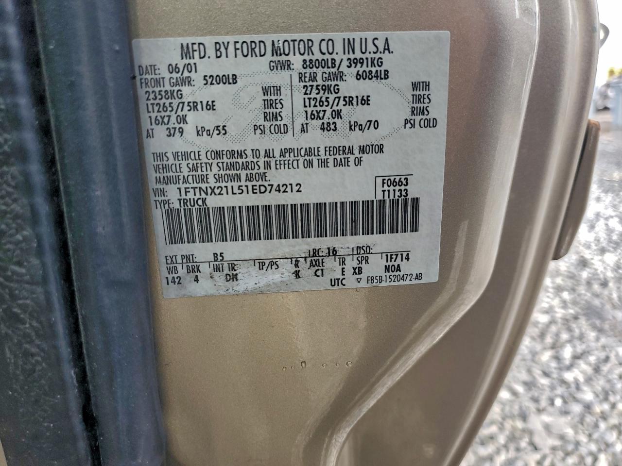 2001 Ford F250 Super Duty VIN: 1FTNX21L51ED74212 Lot: 94093785