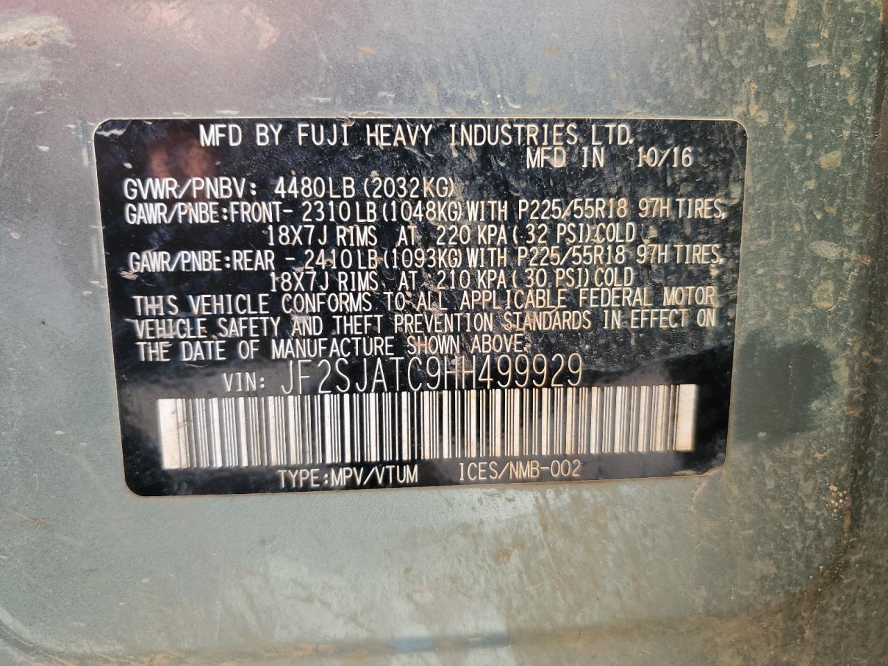 2017 Subaru Forester 2.5I Touring VIN: JF2SJATC9HH499929 Lot: 91573335