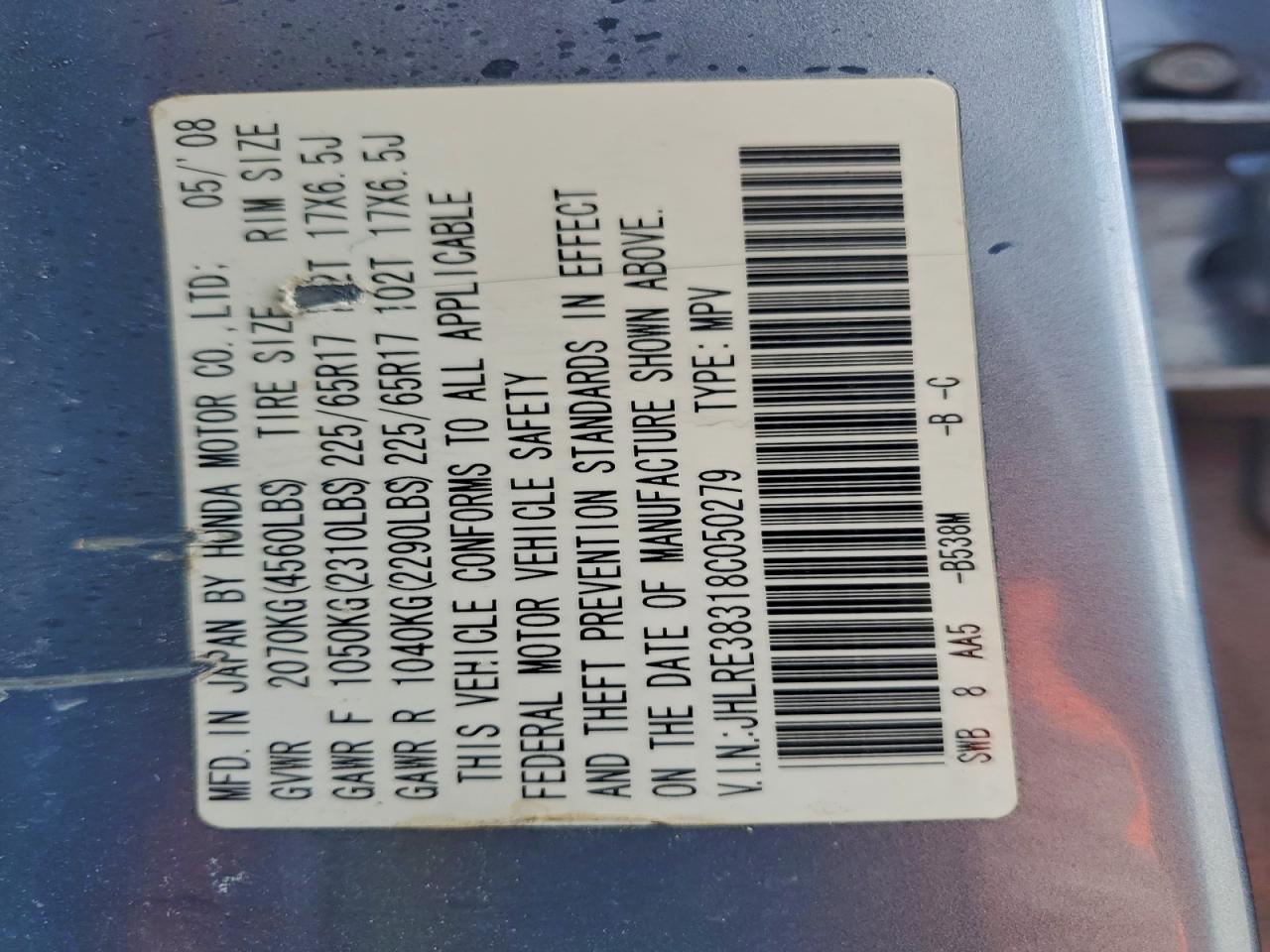 2008 Honda Cr-V Lx VIN: JHLRE38318C050279 Lot: 92721645