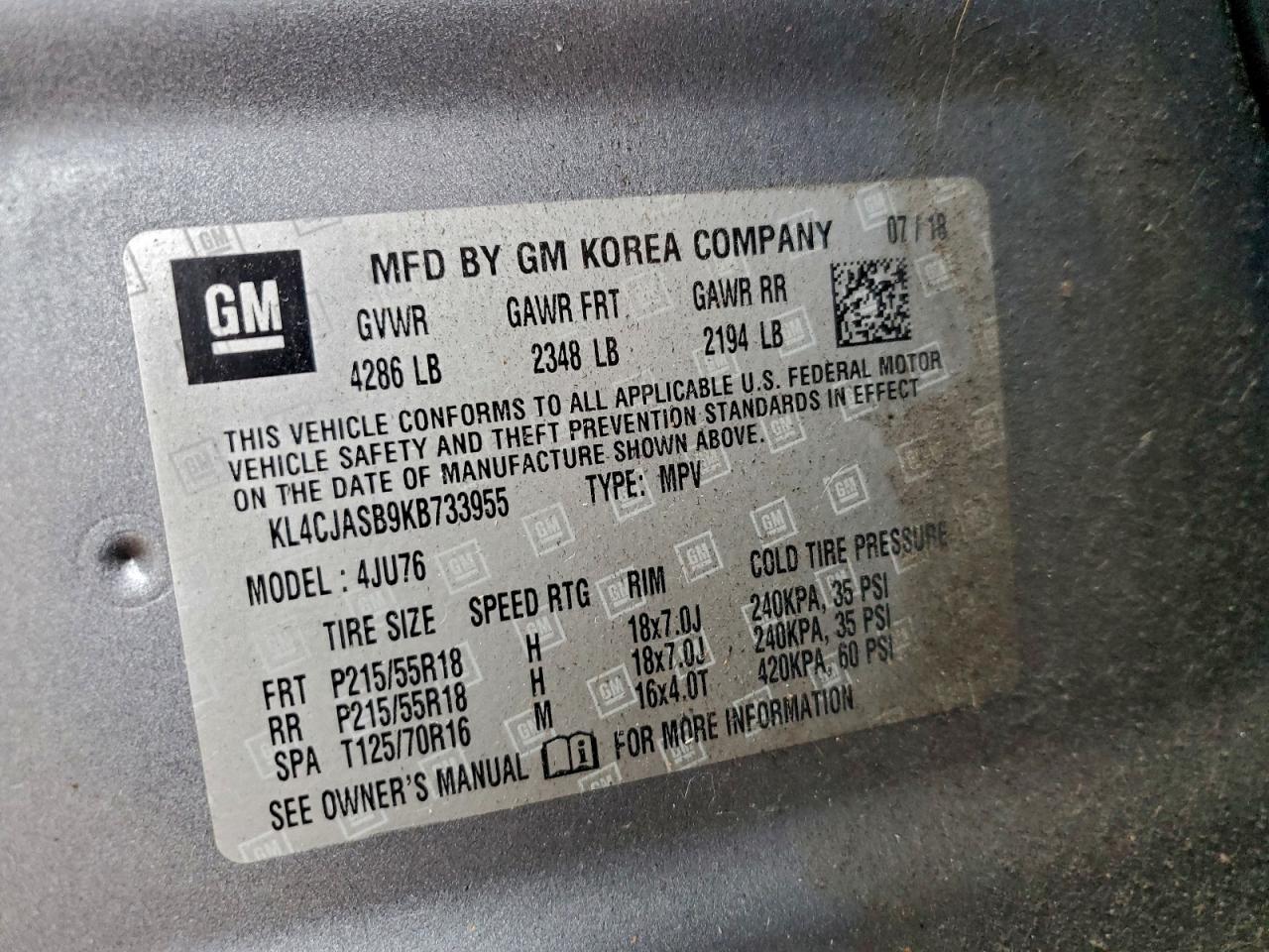 2019 Buick Encore Preferred VIN: KL4CJASB9KB733955 Lot: 94664885