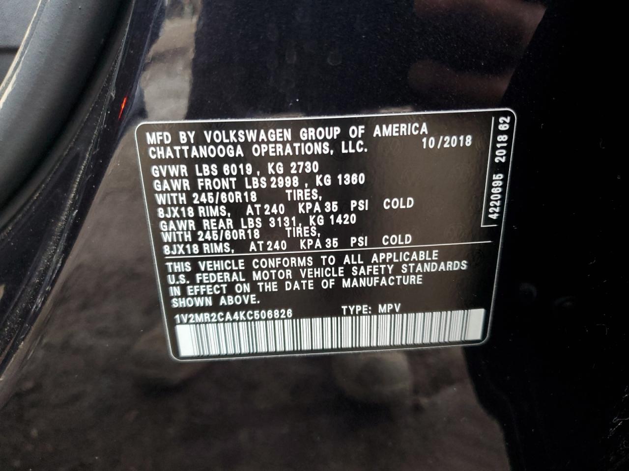 2019 Volkswagen Atlas Sel VIN: 1V2MR2CA4KC506826 Lot: 92710755